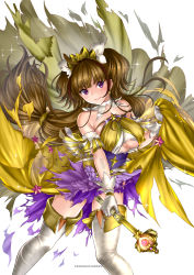 Rule 34 | 1girl, amanogawa kirara, artist name, boots, breasts, brown hair, closed mouth, comiket 93, cowboy shot, cure twinkle, cure twinkle (mode elegant shooting star), dress, earrings, gloves, go! princess precure, hair ornament, hair scrunchie, heart wand, jewelry, large breasts, legs apart, long hair, looking at viewer, magical girl, precure, purple eyes, scrunchie, simple background, smile, solo, standing, star (symbol), star earrings, thigh boots, thighhighs, torn clothes, underboob, white background, white footwear, white gloves, yamada ichizoku, yellow scrunchie, zettai ryouiki