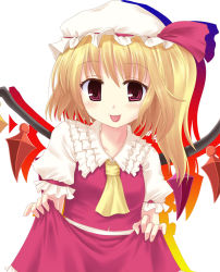 Rule 34 | 1girl, :p, blonde hair, blush, clothes lift, female focus, flandre scarlet, hat, kinagi yuu, red eyes, short hair, side ponytail, skirt, skirt lift, smile, solo, tongue, tongue out, touhou, white background, wings