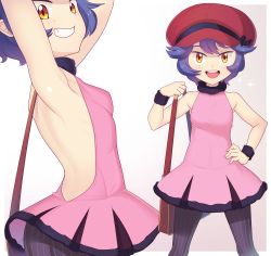 Rule 34 | 1girl, :d, arms up, bag, brown bag, commentary request, creatures (company), dress, freckles, game freak, gazing eye, grin, hand on own hip, handbag, hat, highres, holding strap, legs apart, looking at viewer, multiple views, nadya (pokemon), nintendo, open mouth, pantyhose, pink dress, pokemon, pokemon duel, purple hair, red headwear, short dress, short hair, simple background, sleeveless, sleeveless dress, smile, striped clothes, striped legwear, striped pantyhose, teeth, tongue, upper teeth only, vertical-striped clothes, vertical-striped pantyhose, white background, wristband, yellow eyes
