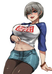 Rule 34 | 1girl, absurdres, bangle, belly, blue eyes, blue skirt, bracelet, breasts, clothes lift, clothes writing, commentary, denim, denim skirt, english commentary, fang, grey hair, highres, jewelry, large breasts, legs together, looking at viewer, meme attire, midriff, miniskirt, monori rogue, muffin top, navel, pantyhose, raglan sleeves, romaji text, see-through, see-through legwear, shirt lift, short hair, skirt, solo, sugoi dekai, uzaki-chan wa asobitai!, uzaki hana, white background