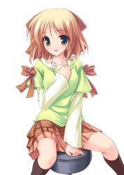 Rule 34 | 00s, 1girl, between legs, blonde hair, blush, brown skirt, chair, collarbone, embarrassed, frilled skirt, frills, green eyes, green shirt, hand between legs, happiness!, jewelry, kohinata sumomo, long sleeves, looking at viewer, necklace, open mouth, shirt, short hair, simple background, skirt, solo, stool, tenmaso, wavy mouth, white background
