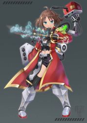 Rule 34 | 1girl, ahoge, alternate costume, armored boots, artist name, azur lane, boots, brown hair, closed mouth, commentary, crossover, electricity, english commentary, gauntlets, green eyes, highres, holding, holding sword, holding weapon, kreuzer 00, le mars (azur lane), long sleeves, looking at viewer, midriff, navel, parted bangs, rigging, robe, short hair, signature, smile, solo, sword, torpedo launcher, torpedo tubes, tube, warhammer 40k, weapon