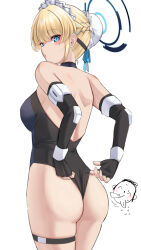 Rule 34 | 1boy, 1girl, adjusting clothes, adjusting leotard, doodle sensei (blue archive), ass, backless leotard, blonde hair, blue archive, blue eyes, blue leotard, braid, bun cover, cowboy shot, elbow gloves, fingerless gloves, french braid, from behind, gloves, hair bun, halo, highleg, highleg leotard, highres, leotard, looking back, maid headdress, nanohana (november.), sensei (blue archive), sleeveless turtleneck leotard, thigh strap, toki (blue archive), two-tone leotard, wedgie, white background