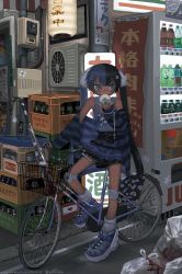 Rule 34 | 1girl, absurdres, air conditioner, ankle socks, banner, bare shoulders, belt, bicycle, black belt, black hair, black skirt, blood, bloody weapon, blue footwear, blue hair, blunt bangs, coca-cola, commission, cross, crossdressing, eating, flat tire, frilled skirt, frills, full body, grey eyes, hair between eyes, hair ornament, highres, internet explorer, jacket, knee pads, lantern, long hair, long sleeves, looking at viewer, looking to the side, metal baseball bat, miniskirt, multicolored footwear, multicolored hair, nobori, off shoulder, original, outdoors, paper lantern, partially translated, print tank top, purple skirt, riding, riding bicycle, scar, scar on arm, scar on leg, self-harm, sidelocks, skeb commission, skirt, skull and crossbones, socks, soda bottle, solo, spiked footwear, spikes, sprite (drink), sticker, straight hair, striped clothes, striped jacket, studded belt, studded footwear, tank top, translation request, trap, trash bag, twintails, twitter username, two-tone hair, two-tone skirt, utility pole, vehicle, vending machine, very long hair, virtual youtuber, weapon, white footwear, white socks, winged footwear, x hair ornament, yakito lulu