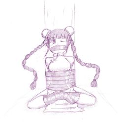 Rule 34 | 1girl, bad id, bad pixiv id, bdsm, bondage, bound, china dress, chinese clothes, dress, gag, gagged, highres, tape, twintails