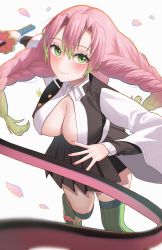 Rule 34 | 1girl, absurdres, bad id, bad pixiv id, black skirt, blush, braid, breasts, cherry blossoms, cleavage cutout, closed mouth, clothing cutout, collared shirt, falling petals, floating hair, green eyes, green hair, green thighhighs, hair intakes, highres, holding, holding sword, holding weapon, kanroji mitsuri, kimetsu no yaiba, large breasts, long hair, long sleeves, looking at viewer, mole, mole under eye, multicolored hair, neil (neil nim), petals, pink hair, pleated skirt, shirt, skirt, smile, solo, streaked hair, sword, thighhighs, twin braids, two-tone hair, weapon, zettai ryouiki