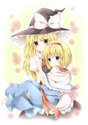 Rule 34 | 2girls, alice margatroid, apron, black dress, blonde hair, blue dress, blue eyes, blush, bow, brown eyes, capelet, carrying, dress, female focus, hairband, hat, hat bow, highres, kirisame marisa, long hair, multiple girls, open mouth, princess carry, sash, short hair, tamichan, touhou, waist apron, witch, witch hat