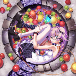 Rule 34 | 1girl, asymmetrical legwear, blue eyes, bracelet, braid, breasts, cable, digital media player, earphones, food, freckles, fruit, glasses, hair ornament, hairclip, highres, jewelry, long hair, looking at viewer, mary janes, mismatched legwear, navel, original, purple hair, sakuya tsuitachi, shoes, skirt, sleeveless, small breasts, smile, solo, thighhighs, twin braids, twintails