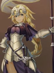 Rule 34 | 1girl, armor, armored dress, blonde hair, blue eyes, braid, breasts, commentary request, fate/grand order, fate (series), flag, flagpole, gauntlets, hand on own hip, highres, jeanne d&#039;arc (fate), jeanne d&#039;arc (ruler) (fate), large breasts, light smile, long braid, long hair, looking at viewer, makitoshi0316, single braid, solo, sword, very long hair, weapon