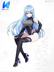 Rule 34 | absurdres, blue hair, dolphin wave, gloves, hand on own hip, highres, nayuki hiori, official art, ootomo takuji, red hair, simple background, thighhighs, thighs