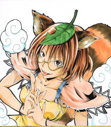 Rule 34 | 1girl, animal ears, breasts, brown hair, cleavage, futatsuiwa mamizou, glasses, grey eyes, highres, koji (koji-a), leaf, leaf on head, looking at viewer, looking up, object on head, own hands together, raccoon ears, raccoon tail, shikishi, smile, tail, tongue, tongue out, touhou, yellow-framed eyewear, yellow theme