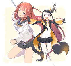 Rule 34 | :q, arca (summon night), bad id, bad pixiv id, belt, black hair, gloves, jacket, miniskirt, navel, open clothes, open jacket, pariet, ponytail, purple eyes, red hair, skirt, summon night, summon night 5, tongue, tongue out, ume (plumblossom)