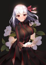 Rule 34 | 1girl, black background, black dress, bow, breasts, cherry blossoms, cowboy shot, dark sakura, dress, empty eyes, facial mark, fate/stay night, fate (series), flower, hair bow, heaven&#039;s feel, large breasts, looking at viewer, matou sakura, moi (latte art), name connection, object namesake, open mouth, red bow, red eyes, short hair, simple background, solo, standing, tears, white hair