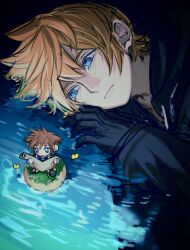 Rule 34 | 2boys, :o, black coat, black coat (kingdom hearts), black gloves, blonde hair, blue eyes, brown hair, bug, butterfly, chibi, chibi inset, coat, crying, daisy, flower, frown, gloves, grass, highres, holding, holding map, hood, hooded coat, in water, insect, island, kingdom hearts, kingdom hearts ii, light frown, lying, male focus, map, multiple boys, nishinsobha, ocean, on grass, on side, open mouth, reading, roxas, shoes, short hair, sora (kingdom hearts), tearing up, tears, water, white flower, yellow butterfly
