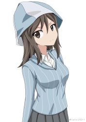 Rule 34 | 10s, 1girl, absurdres, blue hat, blue shirt, brown eyes, brown hair, closed mouth, commentary, dress shirt, girls und panzer, grey skirt, hat, head tilt, highres, keizoku school uniform, long hair, long sleeves, looking at viewer, mika (girls und panzer), one-hour drawing challenge, pleated skirt, school uniform, shibagami, shirt, simple background, skirt, smile, solo, standing, striped clothes, striped shirt, upper body, vertical-striped clothes, vertical-striped shirt, white background, white shirt