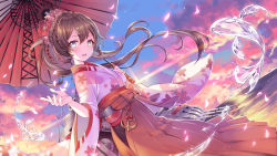 Rule 34 | 1girl, anchor, blue eyes, braid, brown hair, cannon, commentary request, crown braid, floral print, flower, hair flower, hair ornament, hakama, hakama skirt, highres, holding, holding umbrella, japanese clothes, kimono, long hair, machinery, ocean, oil-paper umbrella, outdoors, pink flower, pink kimono, ponytail, red flower, red hakama, skirt, sky, solo, standing, steelblue mirage, turret, umbrella, wide sleeves, yoshino saku