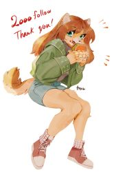 Rule 34 | 1girl, absurdres, animal ears, animal nose, aqua eyes, artist name, black sweater, blue shorts, body fur, bread, brown hair, burger, dog ears, dog girl, dog tail, eating, english text, female focus, food, food on face, full body, furry, furry female, green jacket, hands up, highres, holding, holding food, invisible chair, jacket, japanese text, jpeg artifacts, knees together feet apart, leaning forward, lettuce, long hair, long sleeves, looking at viewer, meat, milestone celebration, notice lines, open clothes, open jacket, open mouth, original, own hands together, red footwear, shoes, short shorts, shorts, signature, simple background, sitting, snout, solo, sweater, tail, tanishi (tanisi tanbo), tongue, translated, two-tone fur, white background, white fur, wrapper, yellow fur