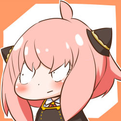 Rule 34 | 1girl, ahoge, anya (spy x family), black dress, blouse, blush, chibi, closed mouth, collared shirt, commentary request, dress, looking away, orange background, outline, pink hair, shirt, solo, spy x family, two-tone background, upper body, white background, white outline, white shirt, yagami kamiya