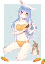 Rule 34 | absurdres, animal ears, blue hair, blush, bra, breasts, brushing hair, carrot, chiyomaru (yumichiyo0606), extra ears, frilled bra, frilled panties, frills, groin, hair brush, highres, holding, holding hair brush, hololive, long hair, looking to the side, messy hair, multicolored hair, navel, orange bra, orange eyes, orange panties, panties, rabbit, rabbit-shaped pupils, rabbit ears, rabbit girl, seiza, short eyebrows, simple background, sitting, small breasts, sparks, stomach, symbol-shaped pupils, thick eyebrows, two-tone hair, underwear, usada pekora, virtual youtuber, white hair