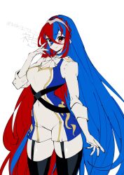 Rule 34 | 1girl, alear (female) (fire emblem), alear (fire emblem), blue eyes, blue hair, braid, breasts, crossed bangs, crown braid, fire emblem, fire emblem engage, garter straps, heterochromia, highres, jewelry, long hair, looking at viewer, medium breasts, multicolored hair, negiwo, nintendo, official alternate costume, red eyes, red hair, smile, solo, split-color hair, thick thighs, thighhighs, thighs, tiara, two-tone hair, very long hair