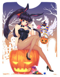Rule 34 | 1girl, animal ears, bare shoulders, black hair, blue eyes, blush, bow, bowtie, breasts, candy, cleavage, detached collar, fake animal ears, food, full body, halloween, jack-o&#039;-lantern, lion, lollipop, loneteel, long hair, looking at viewer, nephthys (p&amp;d), pantyhose, playboy bunny, ponytail, puzzle &amp; dragons, rabbit ears, rabbit tail, sitting, smile, solo, sphinx (p&amp;d), swirl lollipop, tail, thighhighs, tongue, tongue out, wrist cuffs