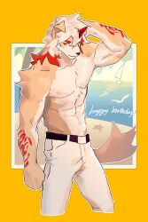 Rule 34 | 1boy, abs, absurdres, animal ears, arknights, arm behind head, bara, beach, birthday, boat, chinese commentary, clenched hand, commentary request, furry, furry male, happy birthday, highres, horns, hung (arknights), male focus, ocean, palm tree, pants, pectorals, sand, shabi96522, single horn, starfish, tail, topless male, tree, water, watercraft, white pants