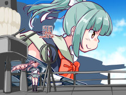 Rule 34 | 2girls, adapted turret, artist logo, black shirt, blue sky, bow, brown eyes, cannon, cloud, dated, giant, giantess, green hair, grey sailor collar, kantai collection, kutone shirika, long hair, machinery, multiple girls, orange bow, pink hair, sailor collar, shirt, short sleeves, sky, solo focus, turret, upper body, yura (kancolle), yuubari (kancolle)