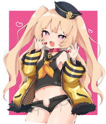 Rule 34 | + +, 1girl, :d, azur lane, bache (azur lane), bare shoulders, black hat, black sailor collar, black shirt, black shorts, blush, breasts, chiji komari, collar, commentary request, crop top, cropped legs, diagonal stripes, fang, fur-trimmed jacket, fur trim, groin, hat, heart, highres, holding, holding heart, jacket, light brown hair, long hair, long sleeves, looking at viewer, micro shorts, midriff, navel, neckerchief, open clothes, open fly, open jacket, open mouth, open shorts, orange neckerchief, puffy long sleeves, puffy sleeves, purple eyes, red collar, sailor collar, shirt, shorts, sleeveless, sleeveless shirt, small breasts, smile, solo, striped, striped background, two side up, very long hair, yellow jacket