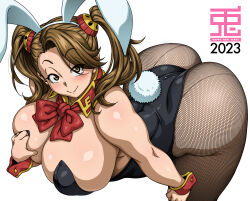 Rule 34 | 1girl, 2023, animal ears, ass, bare shoulders, bent over, black leotard, blush, breasts, brown eyes, brown hair, carrot, chinese zodiac, cleavage, closed mouth, collar, dated, fake animal ears, fake tail, fishnet pantyhose, fishnets, food in mouth, from above, grabbing own breast, gundam, gundam build fighters, gundam build fighters try, hand on own chest, highleg, highleg leotard, highres, huge ass, huge breasts, jun (rojiura jack), leotard, long hair, looking at viewer, matching hair/eyes, mouth hold, pantyhose, playboy bunny, plump, rabbit ears, rabbit tail, sazaki kaoruko, sexually suggestive, shiny skin, simple background, skindentation, smile, solo, tail, thighs, twintails, upper body, white background, wrist cuffs, year of the rabbit