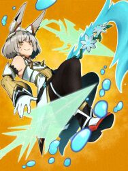 Rule 34 | 1girl, aegis sword (xenoblade), animal ears, black pantyhose, bob cut, boots, cat ears, catalyst scimitar, core crystal (xenoblade), detached sleeves, dress, facial mark, fang, floating, floating object, floating sword, floating weapon, hairband, highena, highres, holding, holding sword, holding weapon, jumping, legs up, nia (xenoblade), orange background, pantyhose, ribbed dress, short hair, skin fang, smile, solo, strap, sword, water, water drop, weapon, whisker markings, xenoblade chronicles (series), xenoblade chronicles 2, xenoblade chronicles 3, yellow dress