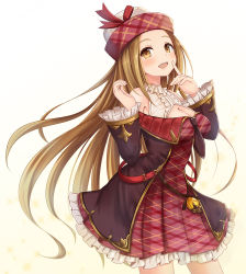 Rule 34 | 10s, 1girl, :d, bare shoulders, belt, black necktie, blonde hair, breasts, brown eyes, brown hair, cleavage, cowboy shot, diola (granblue fantasy), dress, finger to mouth, frilled sleeves, frills, gradient background, granblue fantasy, hat, index finger raised, kirimoti34, large breasts, long hair, long sleeves, necktie, open mouth, plaid, short necktie, smile, solo, white background, wide sleeves