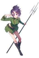 Rule 34 | 1girl, boots, chrome dokuro, closed mouth, eyepatch, full body, highres, katekyo hitman reborn!, looking at viewer, midriff, polearm, purple eyes, purple hair, short hair, simple background, skirt, solo, tanako (645316096), weapon, white background