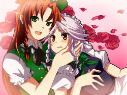 Rule 34 | 2girls, bad id, bad pixiv id, blush, braid, female focus, flower, hairband, hand on another&#039;s cheek, hand on another&#039;s face, hat, hong meiling, izayoi sakuya, multiple girls, pun2, red hair, ribbon, rose, short hair, silver hair, embodiment of scarlet devil, touhou, twin braids, yuri