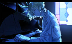 Rule 34 | 1boy, ahoge, blonde hair, blue theme, highres, indoors, instrument, japanese clothes, kimono, male focus, messy hair, music, nabebuta (pigpot), piano, playing instrument, pppppp, reflection, short hair, sitting, smile, sonoda lucky, symbol-shaped pupils, upper body, window
