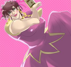 Rule 34 | 1boy, bad id, bad pixiv id, battle tendency, bottle, breasts, brown hair, crossdressing, dress, green eyes, hair ornament, jojo no kimyou na bouken, joseph joestar, joseph joestar (tequila), joseph joestar (young), kyykttk, large breasts, makeup, male focus, manly, pink theme, shiny skin, solo