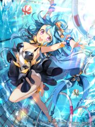 Rule 34 | air bubble, anklet, bad id, bad pixiv id, ball, bangle, barefoot, beachball, bikini, blue hair, bracelet, breath, bubble, dated, floater (floater80012059), freediving, frilled bikini, frills, gyakushuu no fantasica, hair ribbon, happy, holding breath, jewelry, long hair, namyo, one-piece swimsuit, open mouth, poverty, ribbon, smile, solo, swimming, swimsuit, underwater, water, water surface