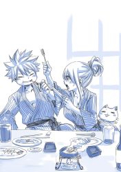 Rule 34 | 1boy, 1girl, breasts, cat, cleavage, commentary, fairy tail, food, hair up, happy (fairy tail), japanese clothes, looking at another, lucy heartfilia, mashima hiro, monochrome, natsu dragneel, smile, spiked hair, table