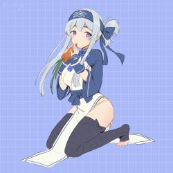 Rule 34 | 1girl, ainu clothes, bandages, bandana, blue background, blue eyes, carrot, cropped jacket, emia wang, fingerless gloves, folded ponytail, food, gloves, hair between eyes, headband, highres, kamoi (kancolle), kantai collection, kneeling, long sleeves, looking at viewer, panties, pelvic curtain, sidelocks, solo, thick eyebrows, thighhighs, toeless legwear, underwear, vegetable, white hair, white panties, wrist guards