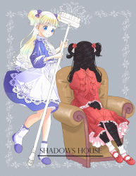 Rule 34 | 2girls, ankle boots, apron, armchair, black skin, blonde hair, blue bow, blue dress, blue eyes, blue legwear, blunt bangs, boots, bow, broom, chair, closed mouth, colored skin, commentary, copyright name, dress, easy chair, emilico (shadows house), facing viewer, flower, full body, grey background, hair bow, hair flower, hair ornament, highres, holding, holding broom, jj (ssspulse), kate (shadows house), long hair, looking at another, maid apron, mary janes, multicolored footwear, multiple girls, red dress, red footwear, rose, shadows house, shoes, simple background, sitting, smile, socks, two side up, white legwear