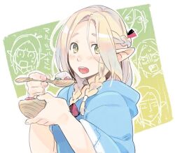 Rule 34 | 1girl, blonde hair, bowl, braid, dungeon meshi, eating, elf, green eyes, holding, holding bowl, holding spoon, hood, hood down, long hair, long sleeves, looking at viewer, marcille donato, open mouth, pointy ears, qk00001, solo, spoon, twin braids, upper body