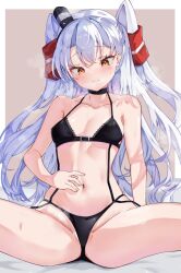 Rule 34 | 1girl, amatsukaze (kancolle), black bra, black choker, black panties, bra, breasts, brown eyes, calin, choker, commentary request, grey background, hair tubes, highres, kantai collection, long hair, looking down, measuring, navel, panties, penis measuring, small breasts, smokestack hair ornament, solo, spread legs, two-tone background, two side up, underwear, underwear only, white hair