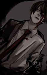 Rule 34 | 1boy, 2 mannaka, black hair, black jacket, black suit, bleeding, blood, blood on face, blood on clothes, chainsaw man, collared shirt, formal, hair between eyes, hair tied, hair tied up, hayakawa aki, highres, jacket, long sleeves, medium hair, necktie, open mouth, shirt, silver background, grey eyes, sleeves past elbows, solo, suit, teeth, white shirt