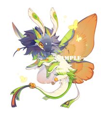 Rule 34 | animal focus, antennae, bug, butterfly, chinese commentary, commentary request, creature, from side, full body, green horns, highres, horizontal pupils, horns, insect, insect wings, multiple legs, multiple tails, no humans, orange eyes, orange wings, original, sample watermark, simple background, solo, tail, tail ornament, tail ring, watermark, white background, wings, yellow butterfly, zhi lai fu