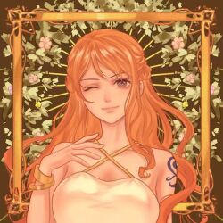 1girl arm_tattoo bare_shoulders bracelet closed_mouth commentary_request dress jewelry long_hair looking_at_viewer nami_(one_piece) off-shoulder_dress off_shoulder one_eye_closed one_piece orange_hair orangewindsmile sleeveless sleeveless_dress smile solo tattoo white_dress