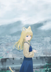 Rule 34 | 1girl, animal ears, blonde hair, blue eyes, blue overalls, cat ears, cat girl, cat tail, cityscape, commentary request, grey sky, grey sweater, guard rail, light smile, long hair, long sleeves, looking at viewer, original, outdoors, overalls, overcast, own hands together, sky, solo, sweater, tail, upper body, wasabi60