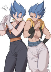 2girls absurdres blue_eyes blue_sash commentary_request dragon_ball dragon_ball_super dragon_ball_super_broly earrings fuka_(kirrier) genderswap genderswap_(mtf) gogeta highres jewelry metamoran_vest midriff multiple_girls pants potara_earrings sash simple_background single_bang spiked_hair stomach super_saiyan super_saiyan_blue toned toned_female vegetto white_pants