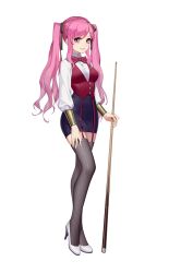 Rule 34 | 1girl, absurdres, bow, bowtie, breasts, cue stick, full body, garter straps, high heels, highres, holding, jewelry, long hair, looking at viewer, medium breasts, necklace, parted lips, pencil skirt, pink eyes, pink hair, rekaerb maerd, romantic saga of beauty &amp; devil, shirt, simple background, skirt, smile, solo, standing, striped, thighhighs, transparent background, twintails, vertical stripes, white background, zettai ryouiki