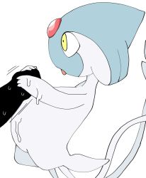 Rule 34 | 1girl, arched back, azelf, blank censor, blue skin, censored, colored skin, creatures (company), erection, flat chest, flat color, floating, forehead jewel, from side, full body, game freak, gem, gen 4 pokemon, grey skin, handjob, legendary pokemon, multicolored skin, multiple tails, nintendo, open mouth, penis, pokemon, pokemon (creature), profile, red gemstone, simple background, sketch, solo focus, sweat, tail, tongue, tongue out, two-tone skin, two tails, white background, yamada (pixiv 24040206), yellow eyes