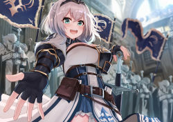 Rule 34 | 1girl, armor, ayul (ayulneri 92), belt, blurry, braid, breasts, cleavage, depth of field, dress, fingerless gloves, flag, from below, gloves, green eyes, hair ribbon, highres, hololive, large breasts, pouch, ribbon, shirogane noel, shirogane noel (1st costume), short hair, silver hair, smile, sword, virtual youtuber, weapon, wrist guards