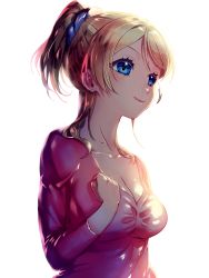 Rule 34 | 10s, 1girl, ayase eli, blonde hair, blue eyes, blush, breasts, cleavage, clenched hand, hair between eyes, hair ornament, hair scrunchie, highres, linebj, long hair, long sleeves, love live!, love live! school idol project, medium breasts, ponytail, scrunchie, simple background, smile, solo, swept bangs, upper body, white background